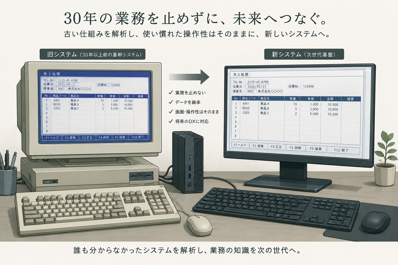30年以上使われた旧基幹システムを解析し、業務、データ、画面操作を引き継いで次世代基盤へ移行する解説図